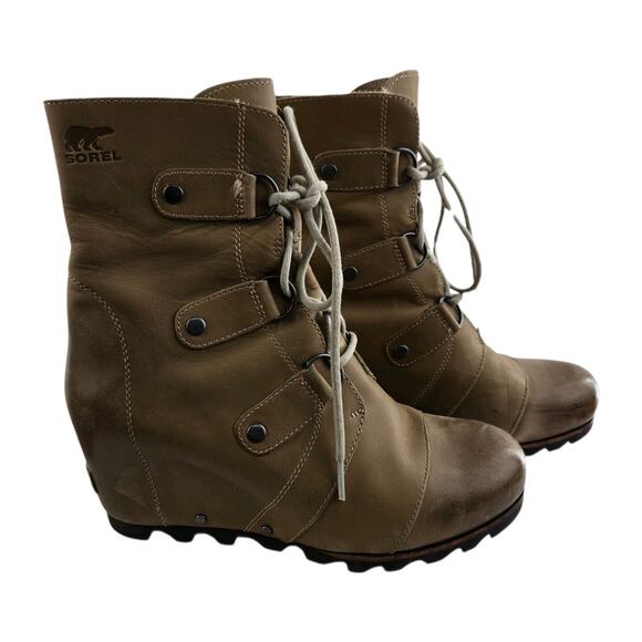 Sorel Boots Womens 9 Joan Of Artic Wedge Mid Tan Distressed Dark Fog Waterproof